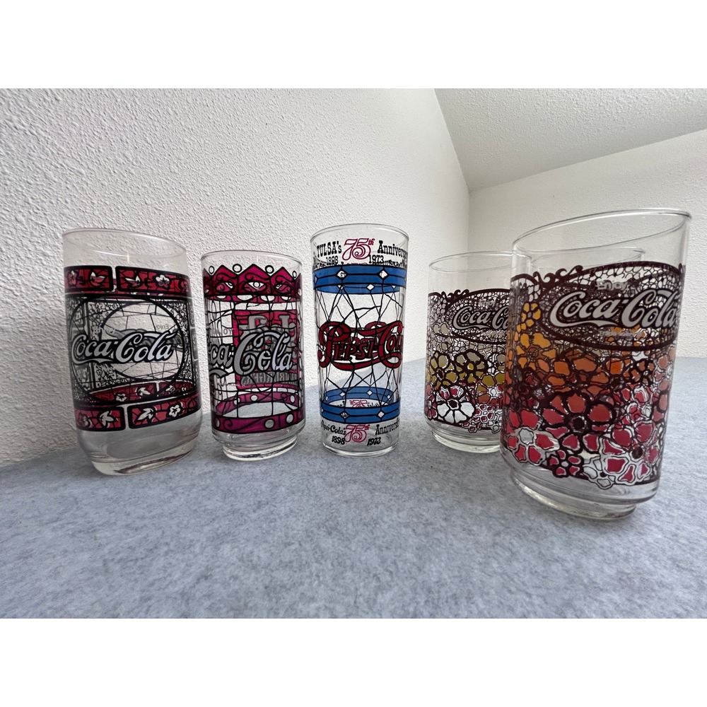 Vintage Coca-Cola & Pepsi Glass Set Stained Glass Floral Tulsa 75th Anniversary